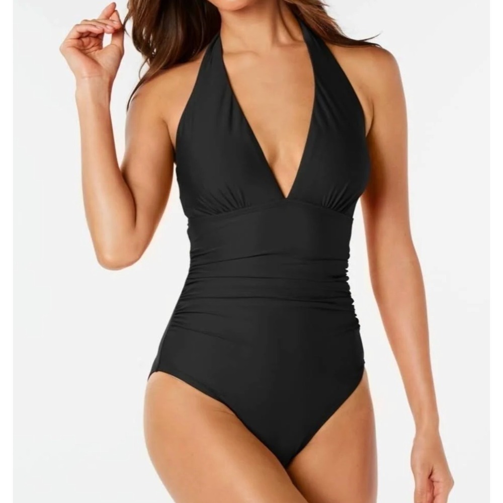 Tommy Hilfiger One Piece Swimsuit 4 Black Ruched Halter Neck Beach Vacation
